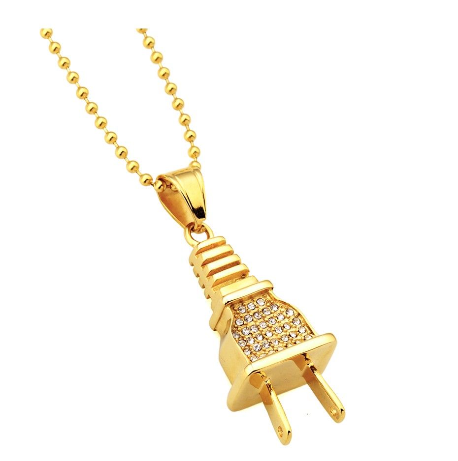 Long Pendant Hip Hop Necklace Chain Men Punk Rhinestone Wall Plug Necklace Gifts