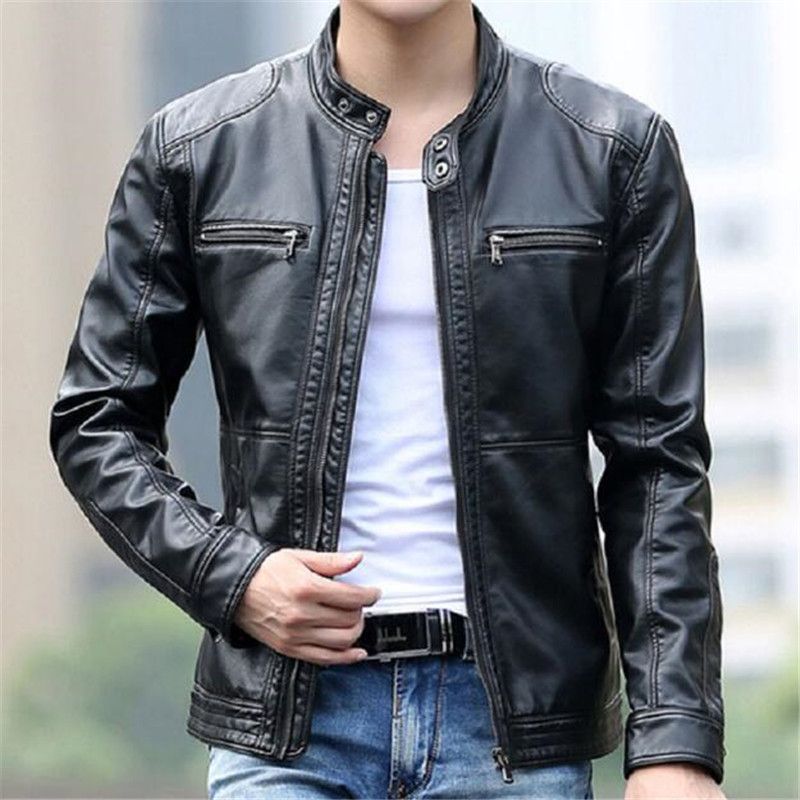 5XL New Men's Slim Short Leather Jackets Men Stand Collar Coats Male ...