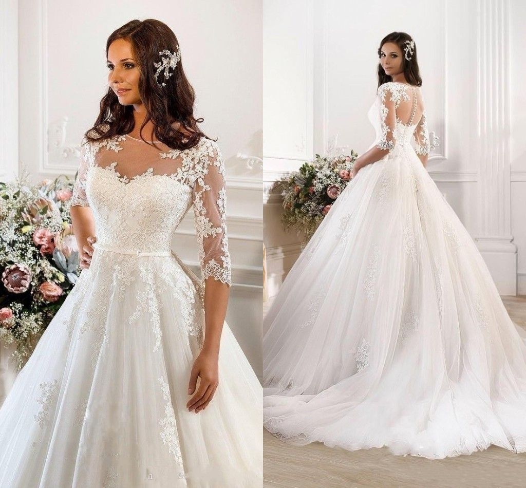 2016 Ball Gown Wedding Dresses Illusion Jewel Neck Half Sleeves Lace ...