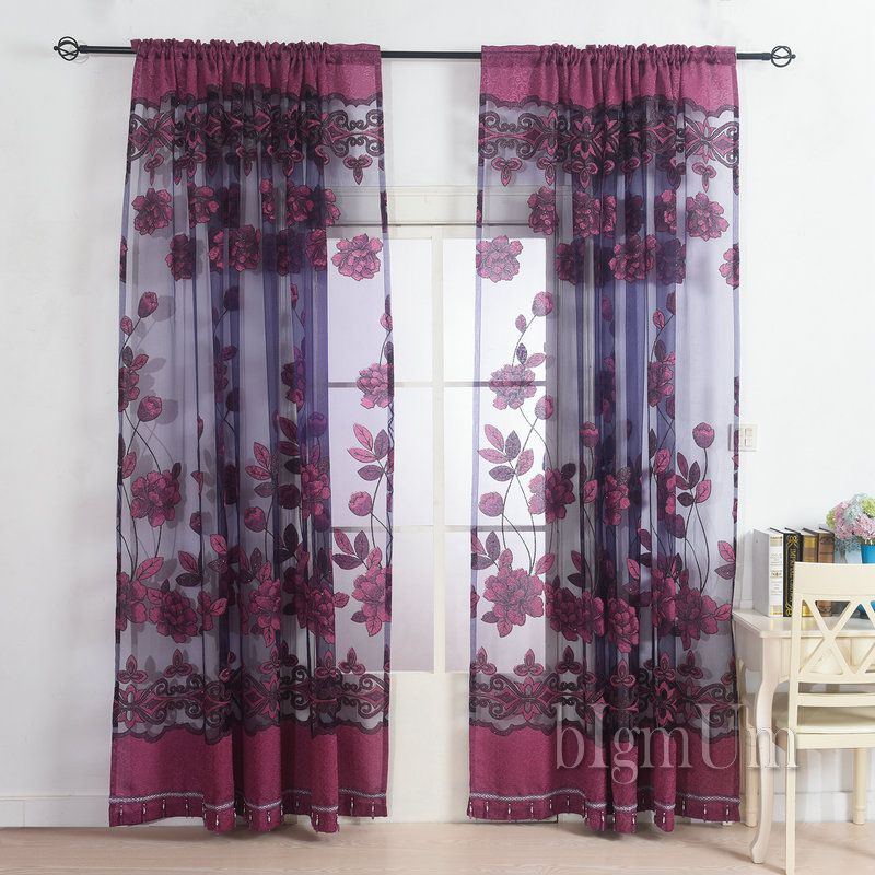New Arrival Fashion Window Custom Made Embroidered Violet Tulle Beads Curtain For The Bedroom Design Sheer Voile Curtain Double Curtain Rod Blue