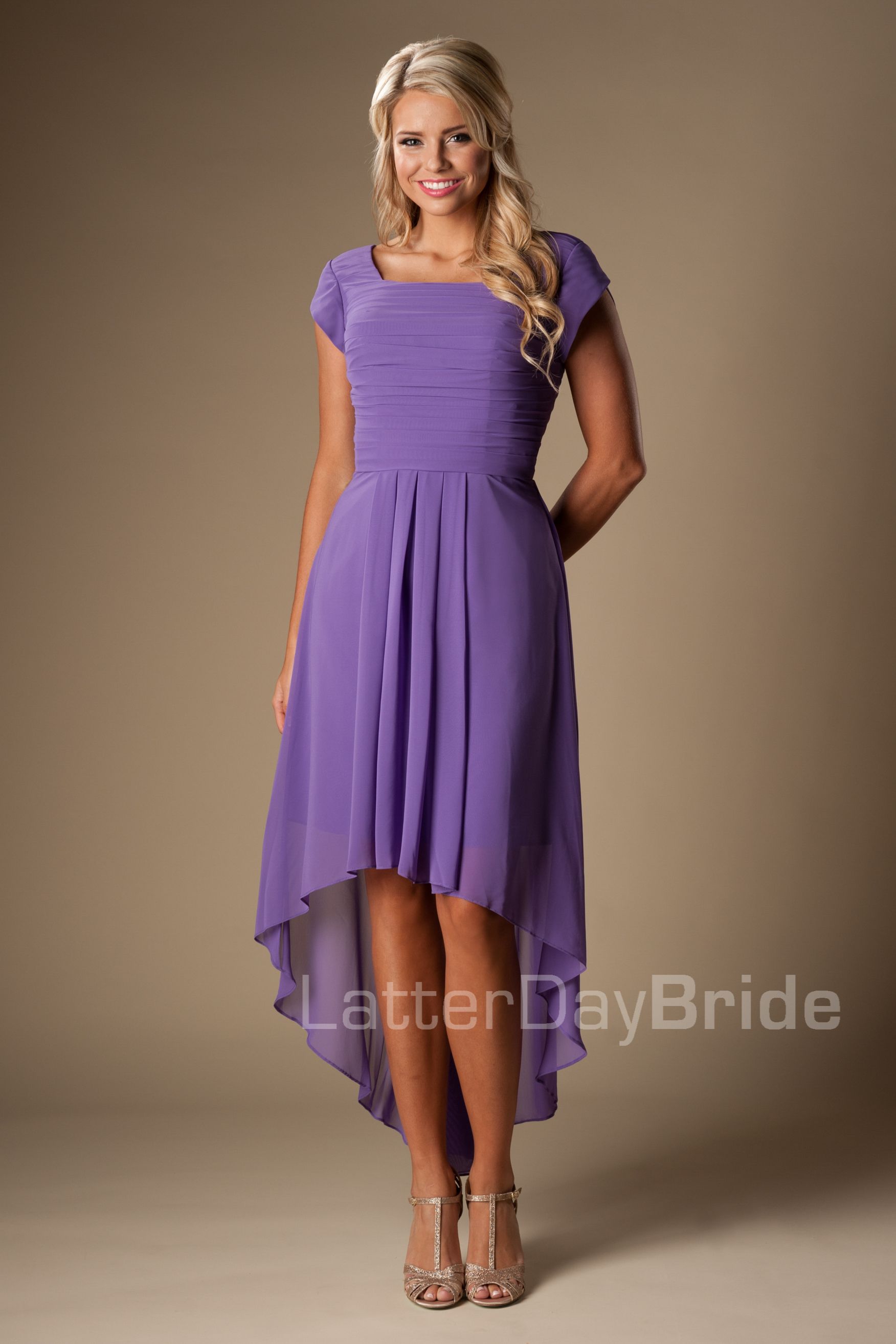 Purple High Low Short Modest Bridesmaid Dresses With Short Sleeves