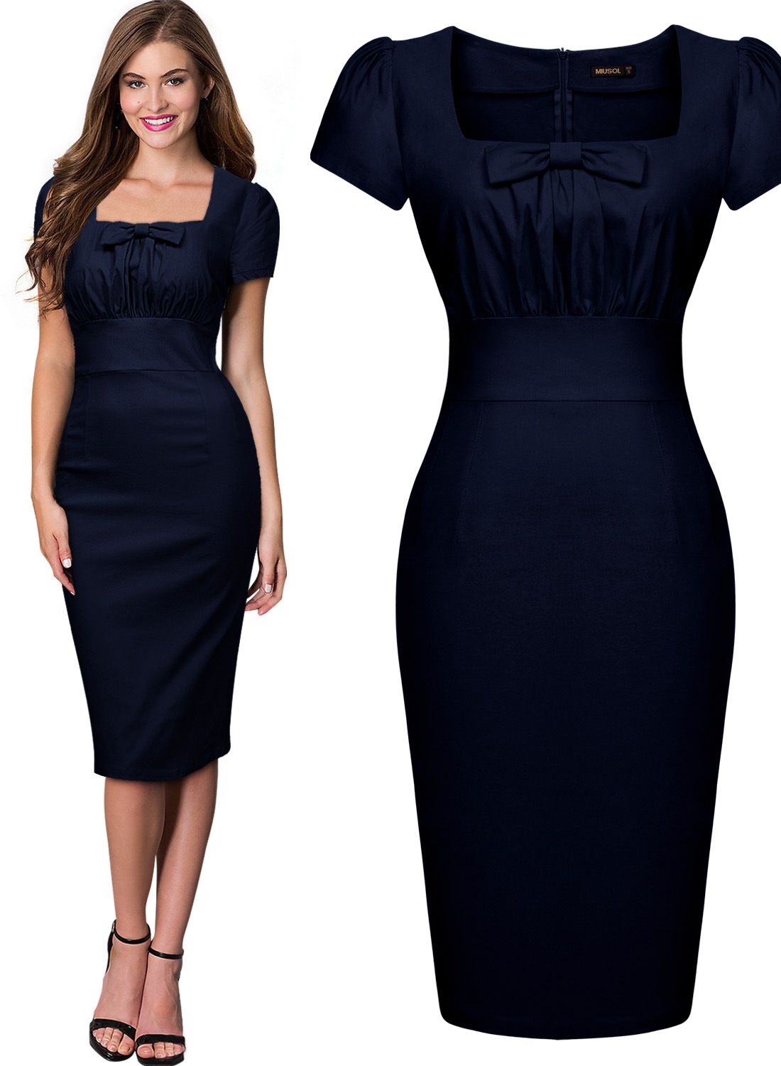 Women'S Vintage Retro Square Neck 1940'S Fitted Pencil Bodycon Slim