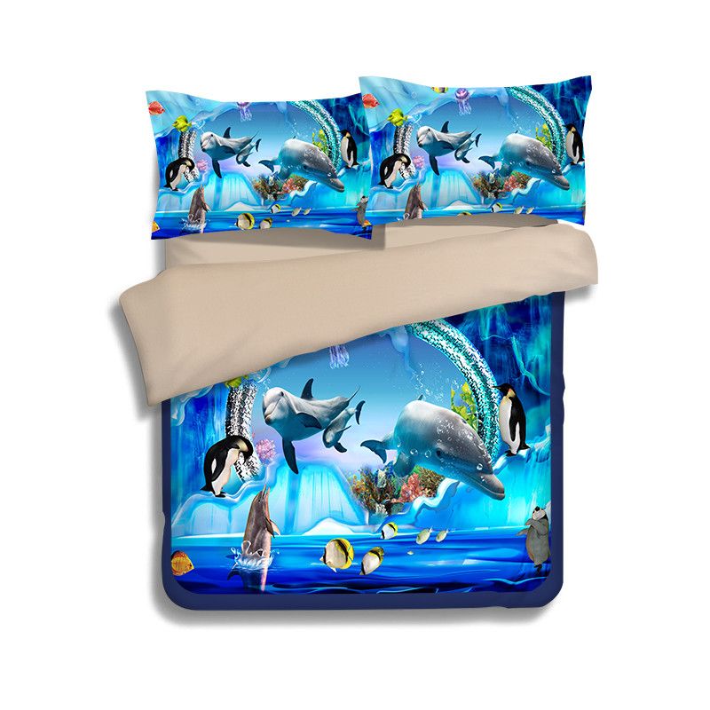 New Underwater World Dolphin Printing Bedding Sets Twin Full Queen New Underwater World Dolphin Printing Bedding Sets Twin Full Queen King Size Duvet Covers Pillow Shams Comforter Mermaid Penguin Fish Animal Blue And White