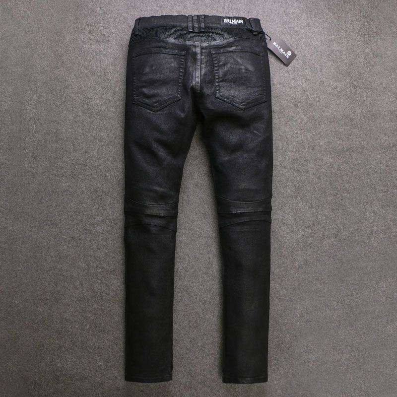 balmain waxed biker jeans