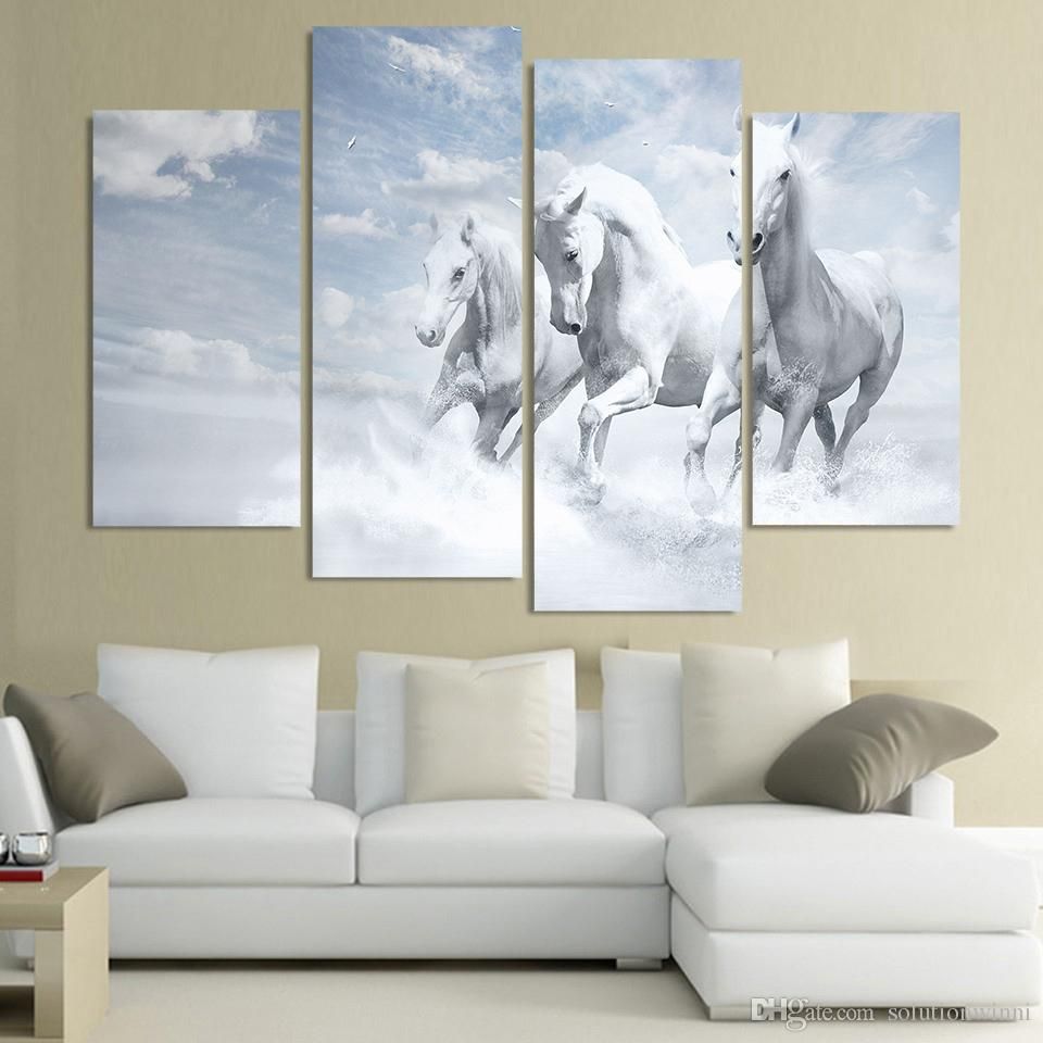 2020 4 Panel Canvas Art Canvas Painting White Horses Running HD Printed
