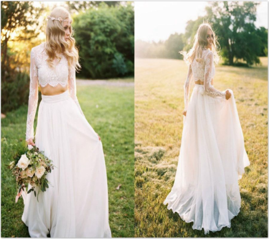 Country Wedding Dresses Two Piece Scoop Lace Chiffon Beach ...