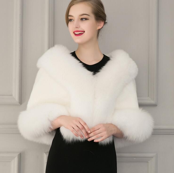 2018 Ladies White Black Faux Fur Cape Wedding Gown Capelet Winter Warm ...