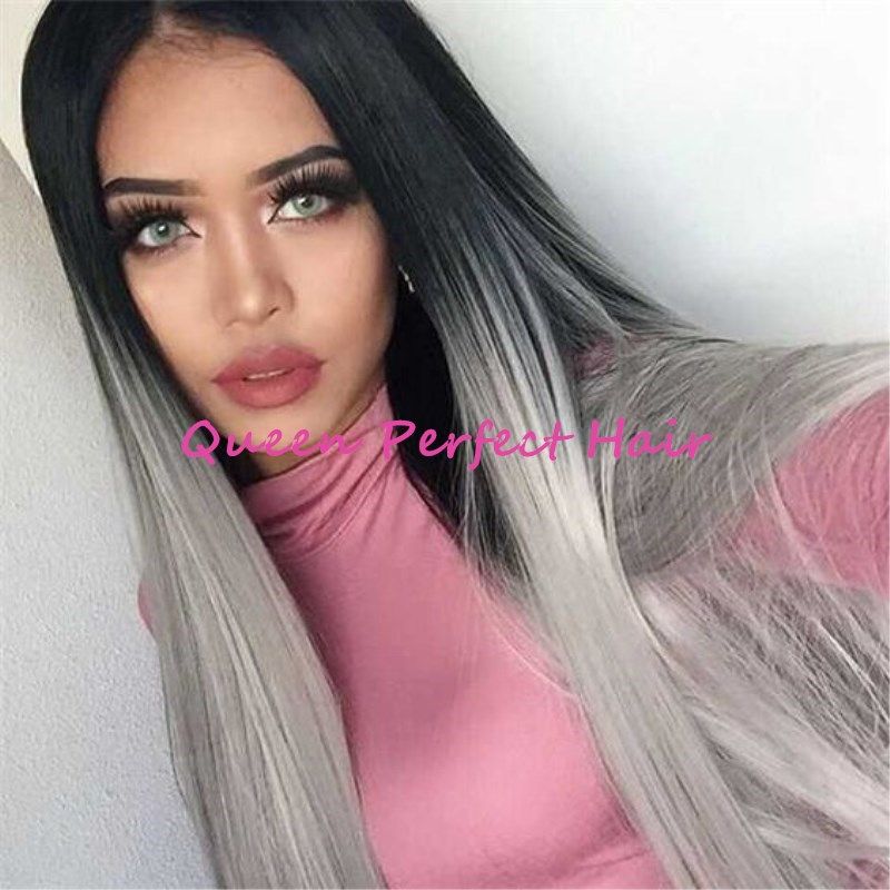 Two Tone Synthetic Lace Front Wig Gray Ombre Long Straight Grey Wigs Dark Roots Heat Resistant Fiber Hair For Fashion Black Women Hot Sale Short Lace