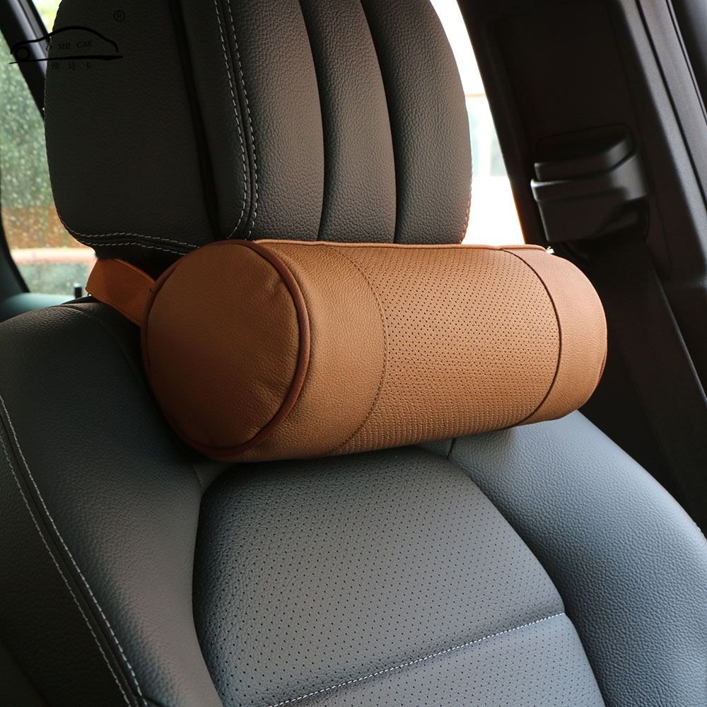 Memory Foam Car Neck Pillow Genuine Leather Auto Cervical Round Roll Memory Foam Car Neck Pillow Genuine Leather Auto Cervical Round Roll Office Chair Bolster Headrest Supports Cushion Pad Black Lumbar Support For Seat