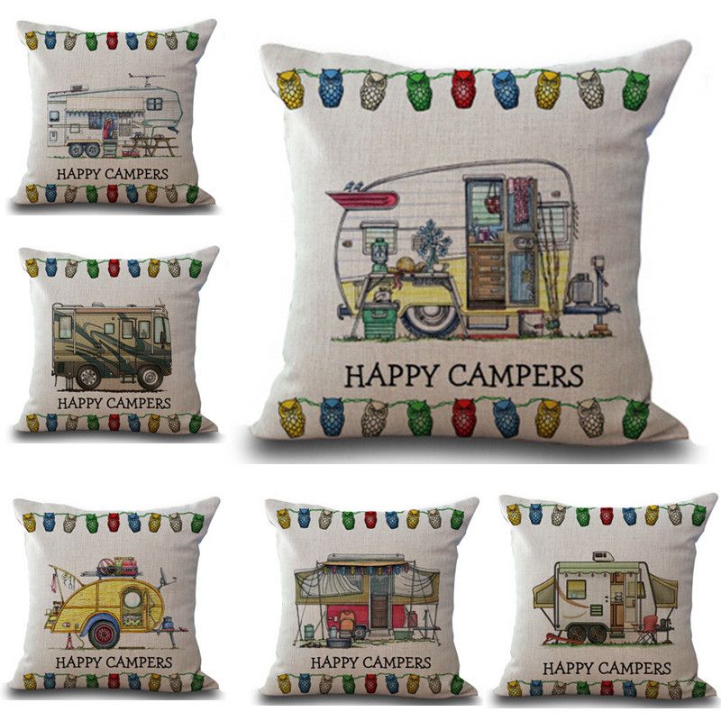 Cotton Linen Cushions Cover Happy Campers Pillowcase Pillow Cases Cotton Linen Cushions Cover Happy Campers Pillowcase Pillow Cases Home Decorative Bed Office Supplies For Wedding Gift Bolster Luxury