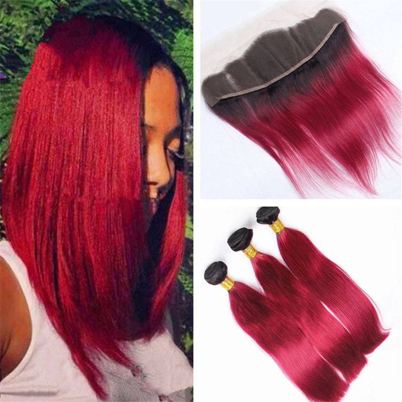 Dark Roots 1b Red Ombre Hair Bundles With Lace Frontal Closure 2