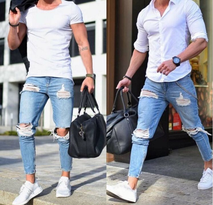 Acquistare Jeans Da Uomo Pantaloni Skinny Strappati Con Fori Blu Chiaro  Skinny Pantaloni Lunghi Da Uomo Slim Fit Economico | Consegna Veloce E  Qualità | It.Dhgate