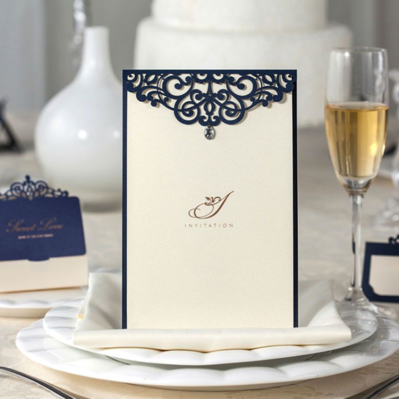 Wholesale Engagement Navy Blue Laser Cut Rhinestone Lace Wedding
