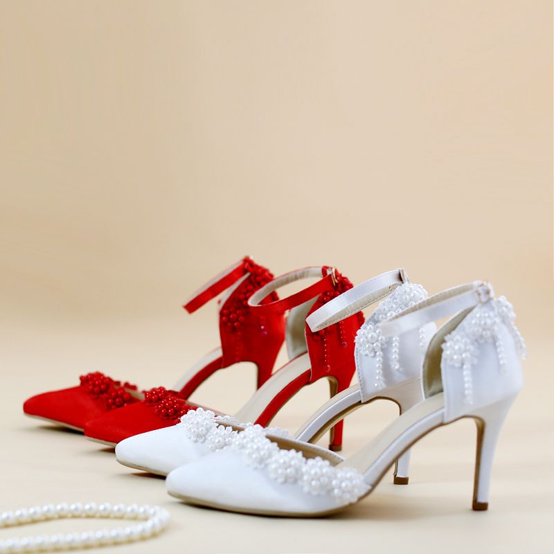compre 2018 nuevo rojo / blanco zapatos de novia acentos de encaje