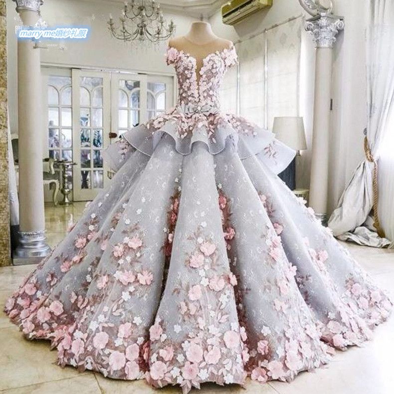 2016 Real Image Colorful Lace Ball Gown Plus Size Pink Flowers Princess ...