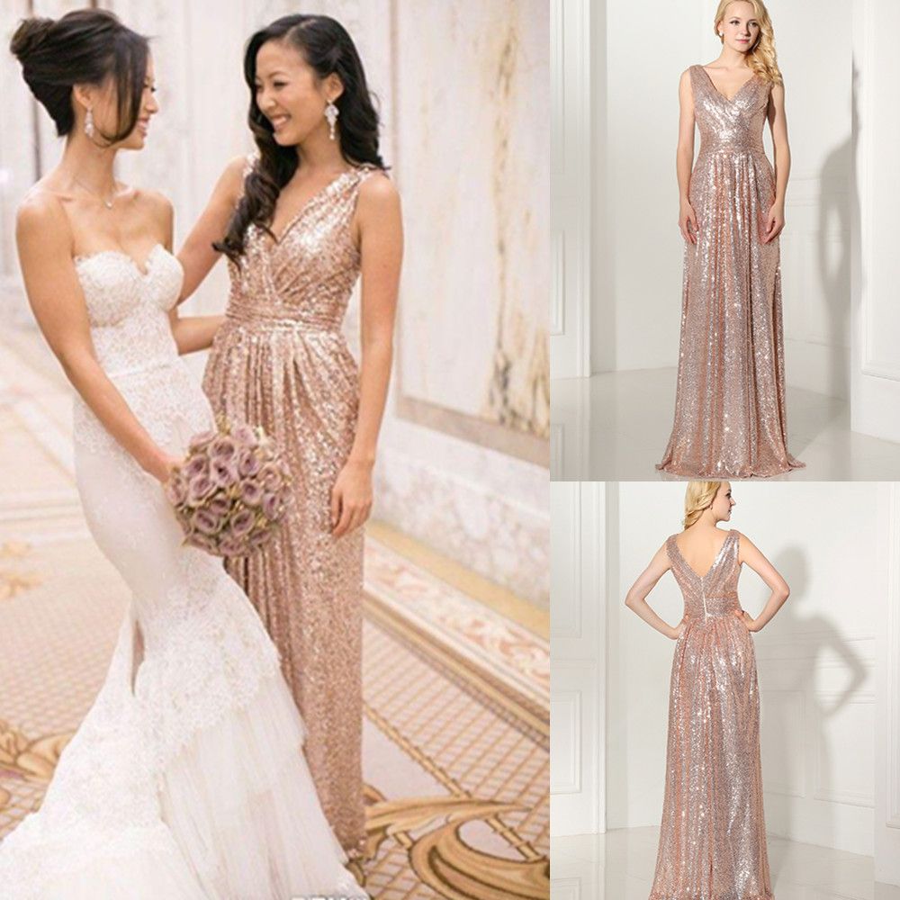 2016 Cheap Sparkly Rose Gold Sequined Bridesmaid Dresses V Neck Plus ...