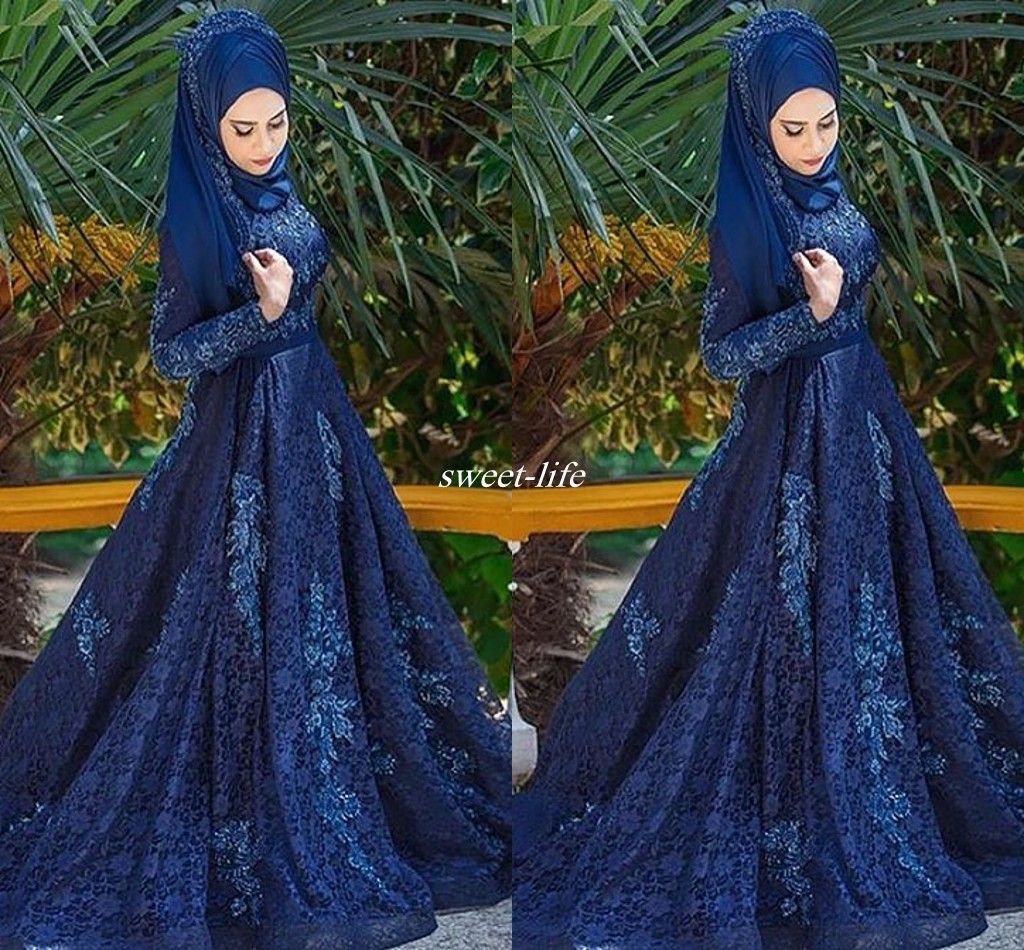 Muslim Hijab Women Formal Evening Dresses Navy Blue Lace 