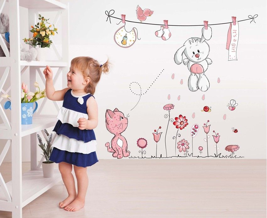 pink cartoon cat rabbit flower wall sticker for baby girls kids rooms home  decor teddy bear umbrella classroom wall decals