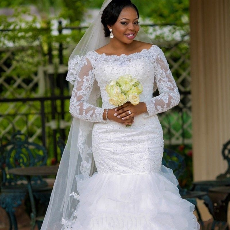 Plus Size Bride Dresses Custom Made Elegant Beaded Lace Long Sleeves