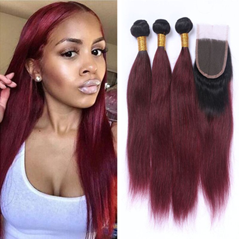 Ombre Straight Wine Red Hair 3 Bundles With Lace Closure Free