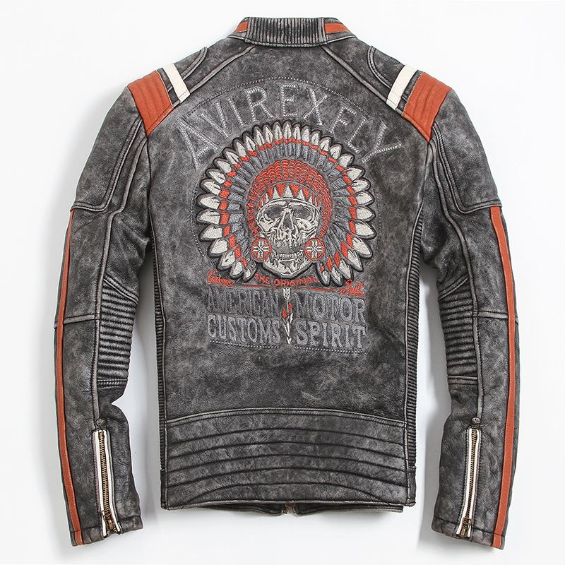 2018 Vintage Black Men Leather Motorcyclist Jacket Skull Embroidery 2018 Vintage Black Men Leather Motorcyclist Jacket Skull Embroidery Plus Size 3xl Genuine Cowhide Short Biker Coat