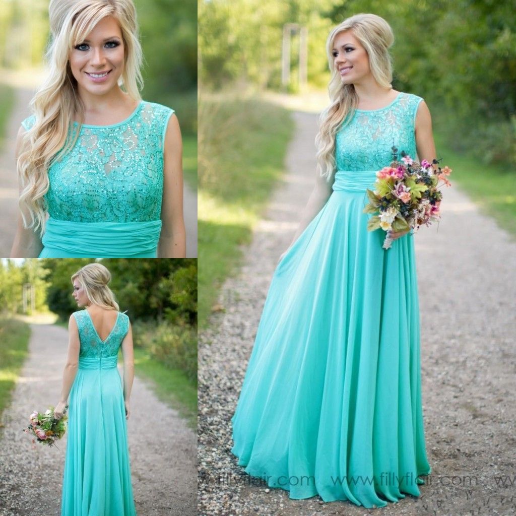 2018 Cheap Country Turquoise Mint Bridesmaid Dresses Illusion Neck Lace Sequins Top Chiffon Long 