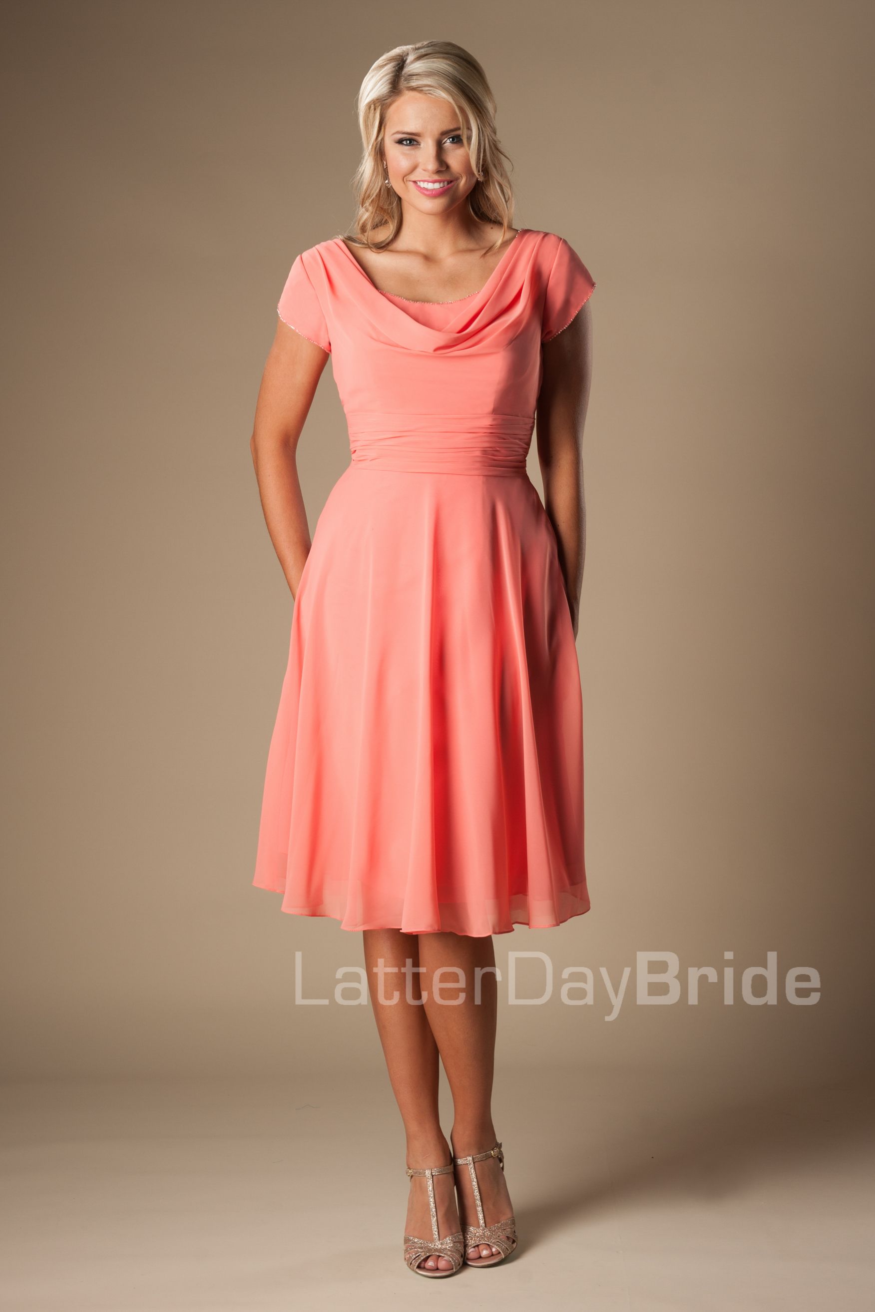 Coral Chiffon Short Modest Bridesmaid Dresses With Short Sleeves A Line
