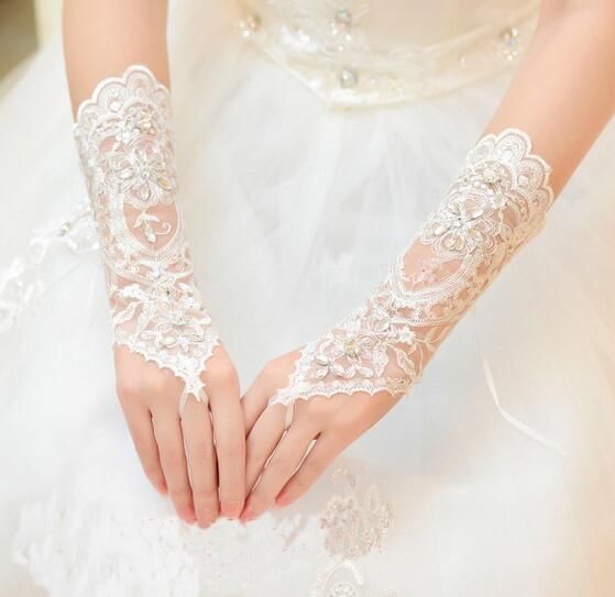 Short Lace Beaded Wedding Gloves Bridal Fingerless Gloves Accessory Party Ivory 