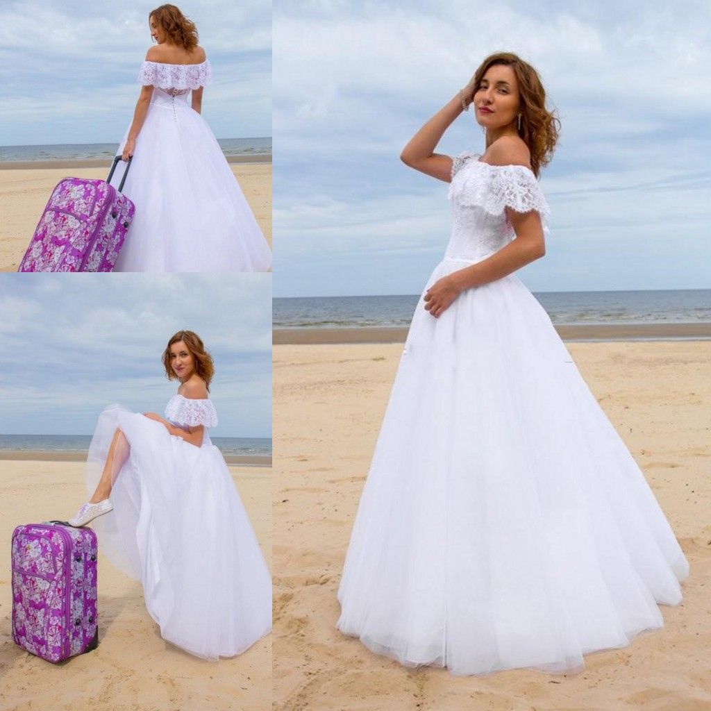 Discount Simple Lace Off  Shoulder Beach  Wedding  Dresses  