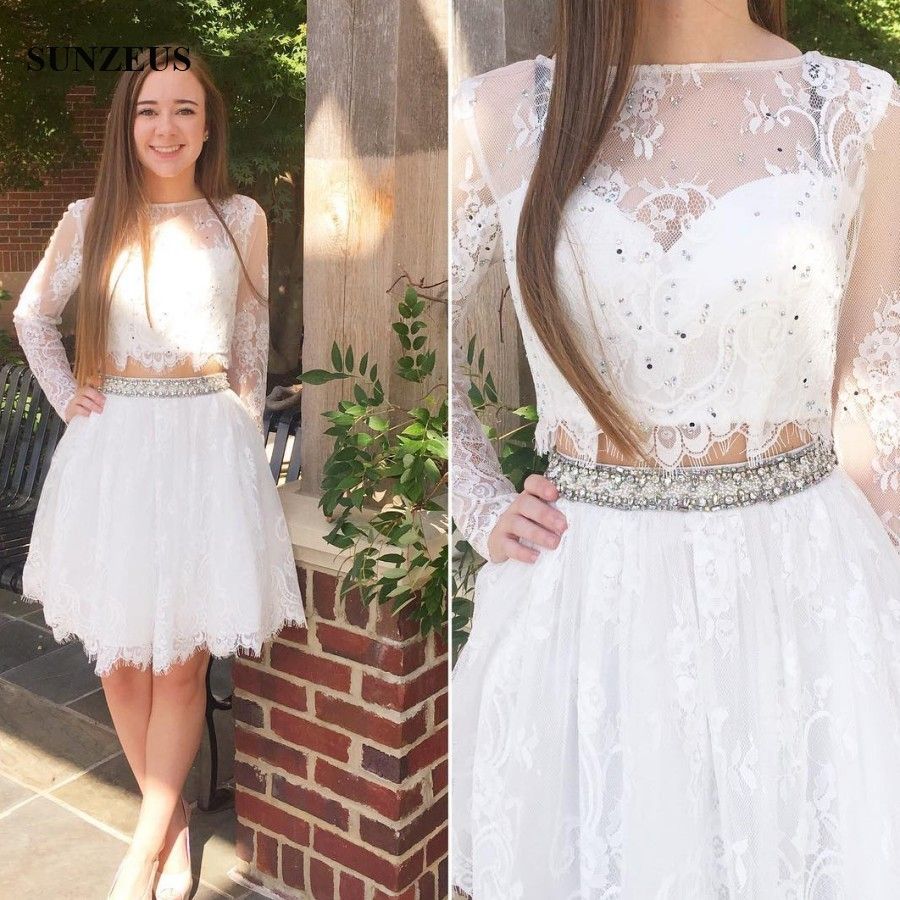 Long Sleeve Short White Party Dresses Two Piece Lace Prom Gowns For ...
