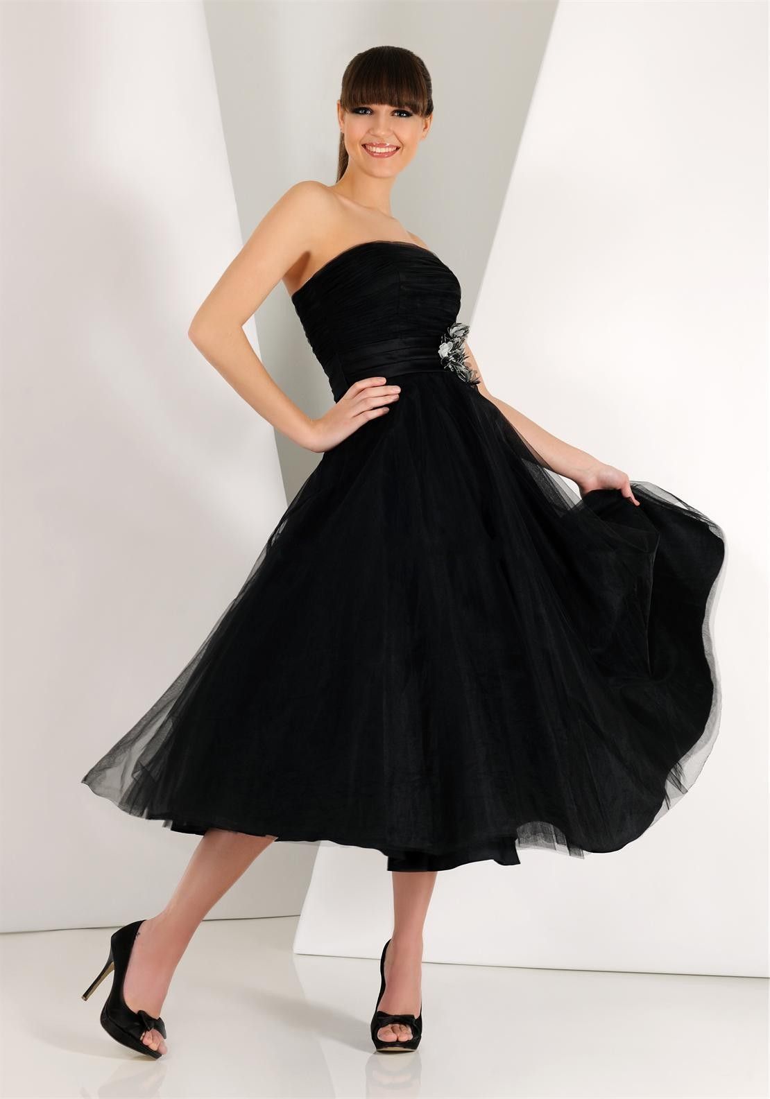 black strapless tea length dress