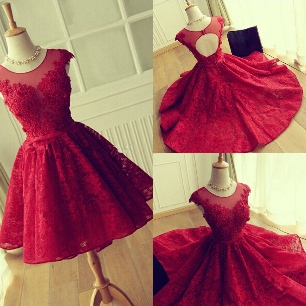 Red Lace Prom Dresses 2017 Modeat Jewel Sheer Neckline Cap Sleeves ...