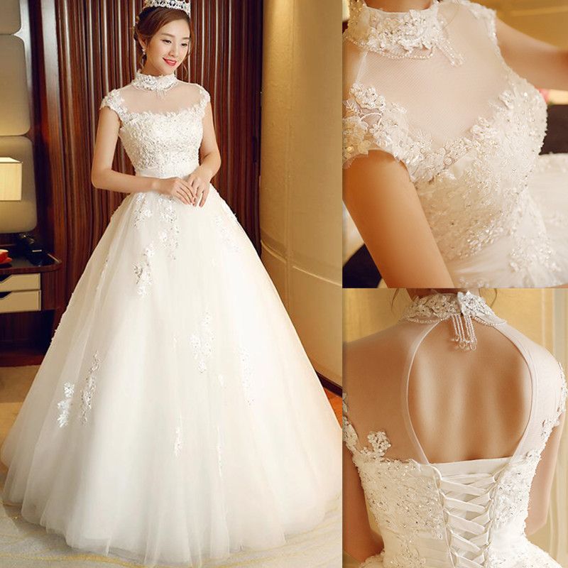 Discount Cheap Wedding Dresses 2016 Sheer High Neck Lace Appliques