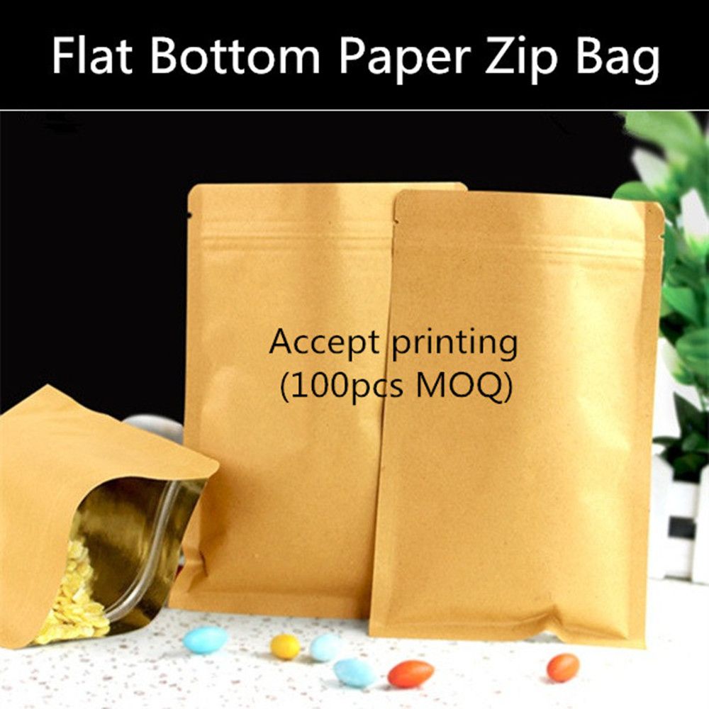 200pcs Lot Small Resealable Flat Bottom Ziplock Kraft Paper Packaging Bag Custom Printed Logo Zip Pouch Gift