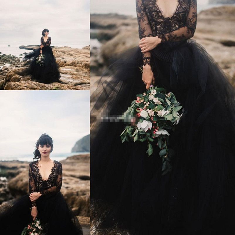 compre negro lace bohemia vestidos de novia con la ilusión de manga
