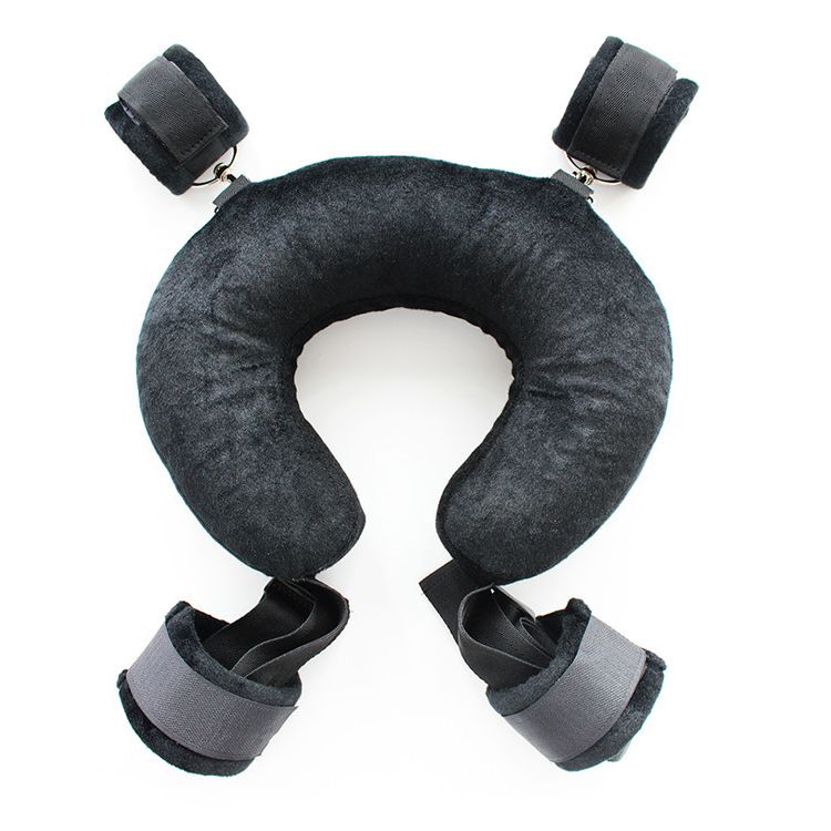 Black Plush Round Pillow Neck Collar Hand Leg Cuffs Bondage