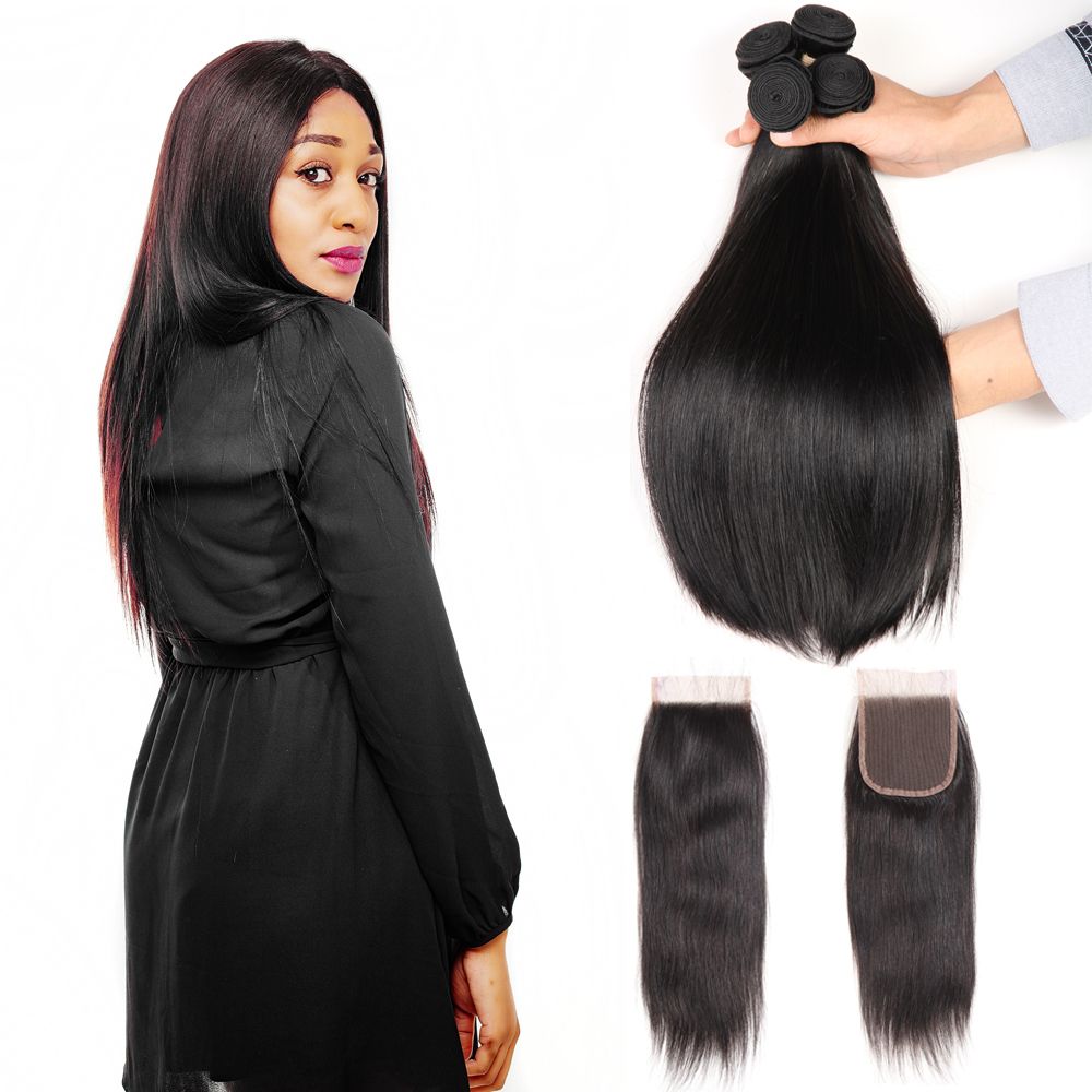 Brazilian Straight Virgin Hair Weaves 4 Bundles With Lace Closures