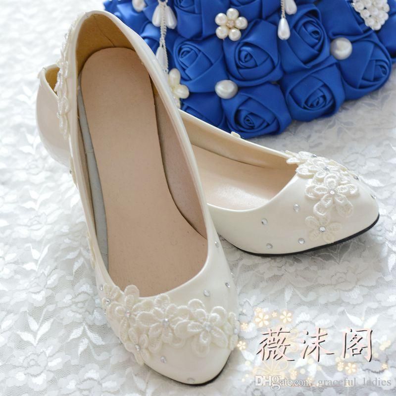 Ivory Small Flower Wedding Shoes Kitten Heel Crystal Lace Applique