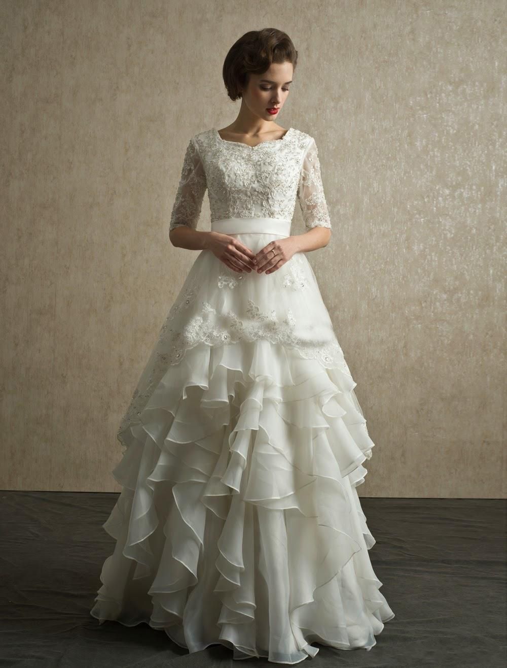 Discount Lace Organza A Line Wedding Dresses Modest Wedding Gowns With