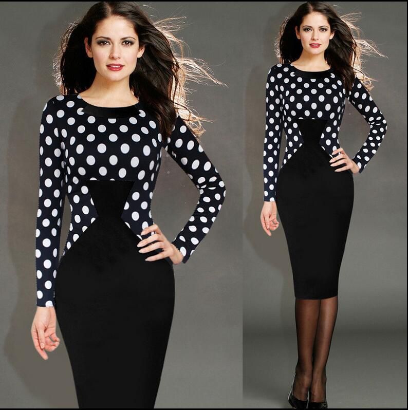 2019 polka dot patchwork lapel long sleeve midi pencil dress