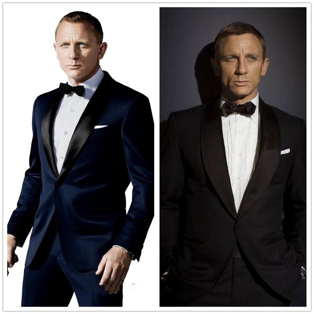 007 James Bond Dark Blue Groom Tuxedos Jacket+Pant+Tie Mens Fashion Tux ...