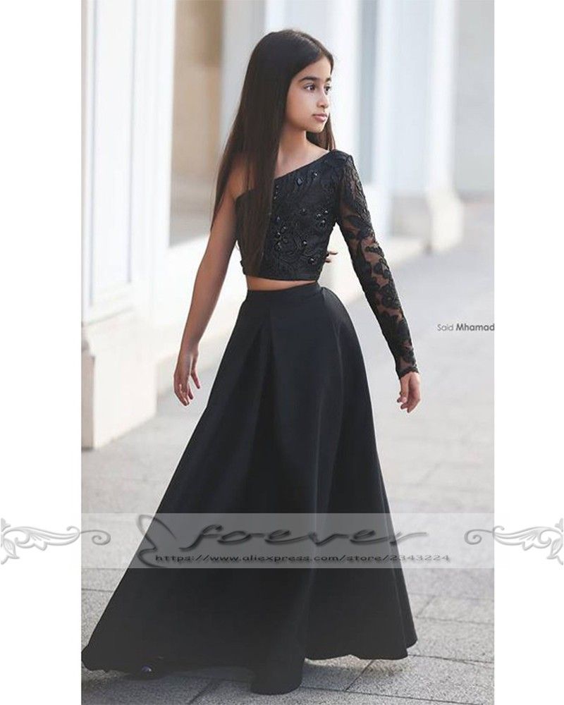 Black One Shoulder Long Sleeve Kids Evening Gowns Flower GIrl Dresses