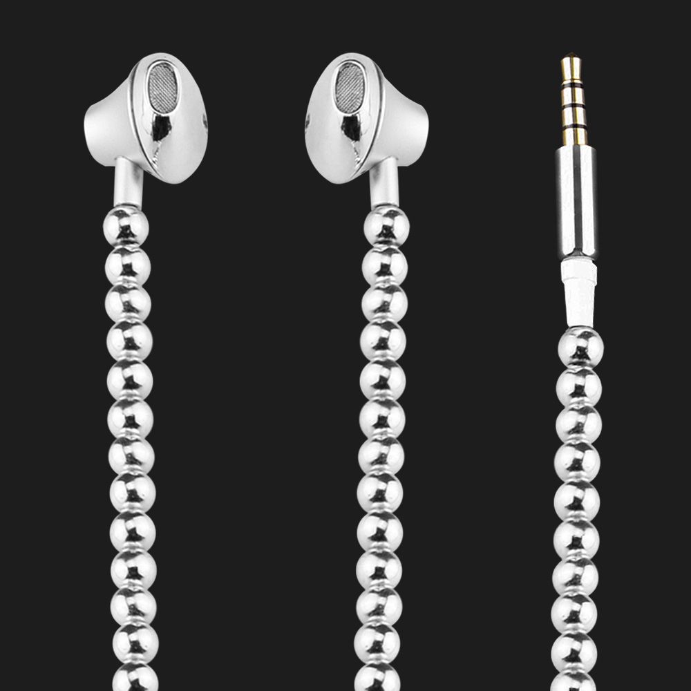 Wired Earphones Silver Luxury Beads Jewelry Pearl Necklace Bass