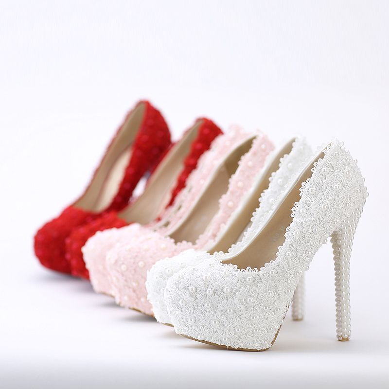 White Wedding Dress Shoes 4 Inches Heel Bridal Dress Shoes Lace