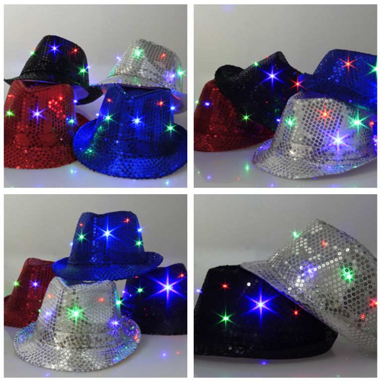 Flashing Light Up Led Fedora Trilby Sequins Caps Unisex Fancy Dress