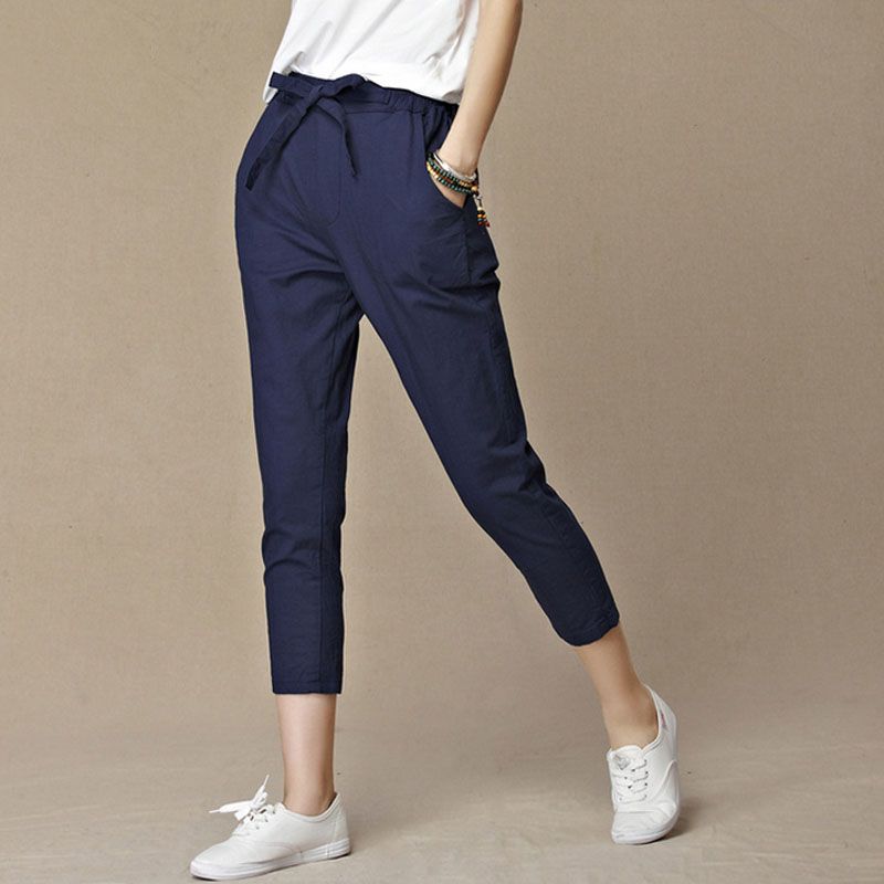 Compre Pantalón Capri De Algodón Suelto Casual Para Mujer De Verano Azul  Marino Pantalones Capri A 8,73 € Del Kaizi_520 | Es.Dhgate.Com