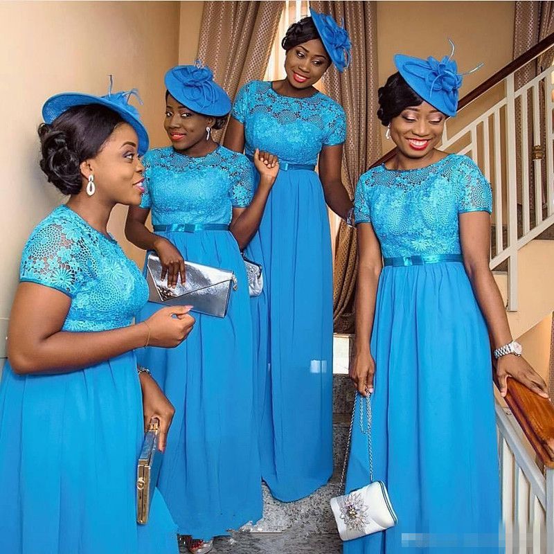 Blue Chiffon Nigeria Bridesmaid Dresses 2016 Vintage Lace Short Sleeves ...