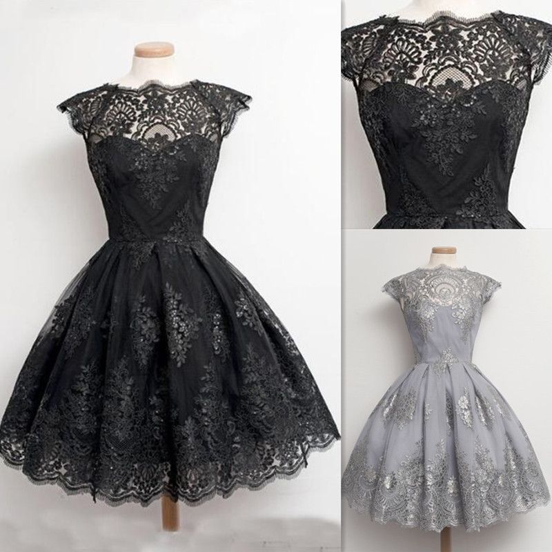 Short Dresses For Prom Black Vintage Lace Appliques Sheer Real Photos ...