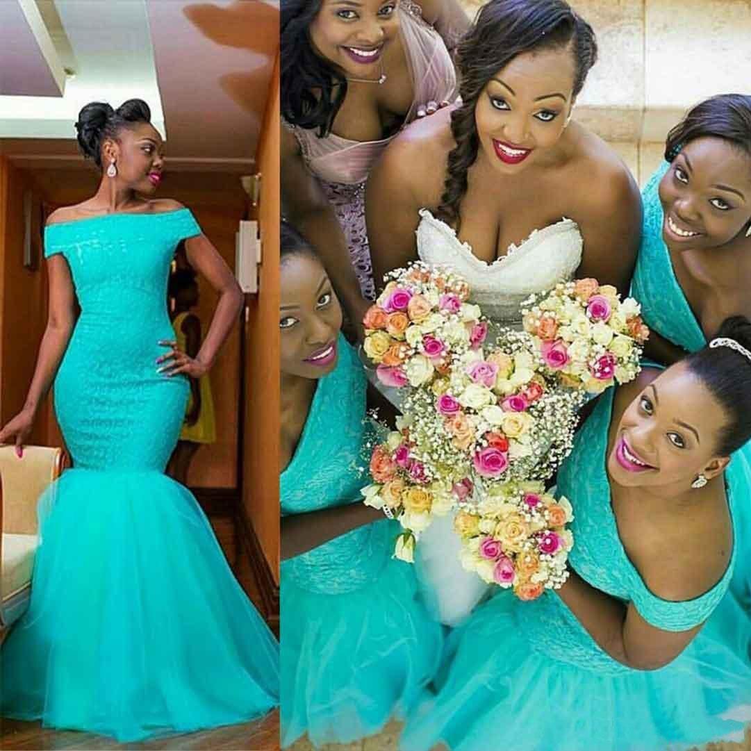 2017 New African Mermaid Long Bridesmaid Dresses Off Should Turquoise Mint Tulle Lace Appliques 