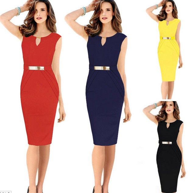 Sexy Womens Pencil Dress V Neck Metal Buckle Solid Color S 4xl Panelled ...